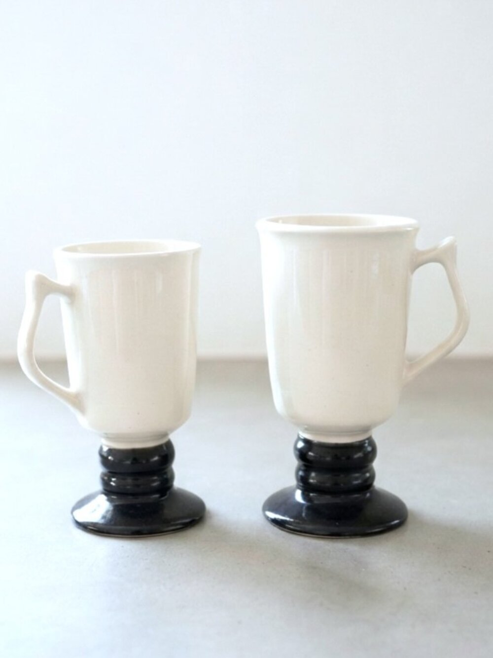 VTG Hall China Pedestal Coffee Mugs (2) Black & White Ceramic Footed Cups 1273